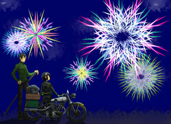  1boy androgynous female fireworks hermes kino kino_no_tabi motorcycle shizu short_hair sword tagme weapon 