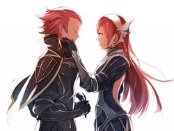  1boy armor back_cutout bare_back black_armor black_gloves breastplate cape cherche_(fire_emblem) closed_eyes clothing_cutout commentary_request crying female fire_emblem fire_emblem_awakening gerome_(fire_emblem) gloves hairband hand_on_another&#039;s_cheek hand_on_another&#039;s_face hanokage holding long_hair mask mother_and_son profile red_hair smile tears unworn_mask vambraces white_background 