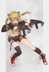  asymmetrical_legwear bikini bikini_bottom_only black_bikini black_gloves black_shorts blonde_hair blue_eyes commentary_request dual_wielding eyepatch female girls&#039;_frontline gloves gun hair_between_eyes hair_ornament hair_tubes holding jacket long_hair metal_eyepatch partially_fingerless_gloves pouch red_footwear shirt short_shorts shorts sidelocks simple_background single_thighhigh skorpion_(girls&#039;_frontline) skorpion_vz._61 smile solo submachine_gun swimsuit thighhighs tongue tongue_out totteri twintails uneven_legwear weapon yellow_shirt 