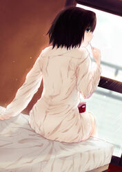  ali_manami bed blue_eyes brown_hair commentary_request eating female food from_behind haagen-dazs ice_cream kara_no_kyoukai on_bed pajamas ryougi_shiki short_hair sitting solo window 