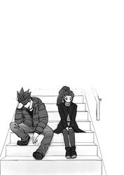  1boy arc_the_lad_ii casual commentary_request elc_(arc_the_lad) female greyscale jacket kukuru_(arc_the_lad) long_hair monochrome pantyhose stairs yadoso 