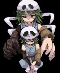  1jumangoku 2others androgynous bad_id bad_pixiv_id bone bow detached_sleeves dual_persona ex-sese green_eyes green_hair highres japanese_clothes kitsugai_sese len&#039;en multiple_others open_mouth other_focus outstretched_arms puffy_shorts short_hair shorts skull-shaped_hat 