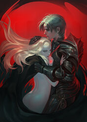  1boy armor back blonde_hair cape clothed_male_nude_female commentary cradling_head eunyoung_jeon fantasy female gauntlets hug lips long_hair naked_cape nose nude original pale_skin photoshop_(medium) plate_armor straight vampire 