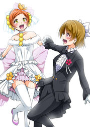  2girls :d bare_shoulders blush boutonniere bow bowtie brown_hair choker commentary_request dress formal gloves green_eyes hairbow highres holding_hands hoshizora_rin interlocked_fingers koizumi_hanayo love_live! love_live!_school_idol_project love_wing_bell multiple_girls open_mouth orange_hair purple_eyes simple_background smile suit thighhighs traditional_bowtie wedding_dress white_background white_gloves white_legwear yopparai_oni 