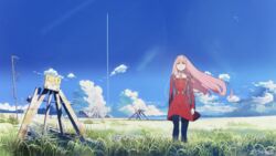  blue_eyes blue_sky darling_in_the_franxx dress female highres horns kumo_no_mukou_yakusoku_no_basho looking_at_viewer mecha outdoors pantyhose pink_hair red_dress robot rudrik sad self-upload sky solo strelizia third-party_edit zero_two_(darling_in_the_franxx) 