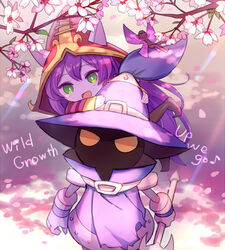  1boy animal_ears bad_id bad_pixiv_id cherry_blossoms colored_skin commentary_request ears_through_headwear fairy female gameplay_mechanics green_eyes hamamo hat league_of_legends long_hair lowres lulu_(league_of_legends) pix_(league_of_legends) pointy_ears purple_hair purple_skin staff veigar wings witch_hat wizard_hat yellow_eyes yordle 