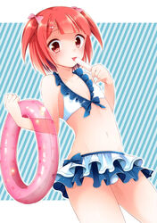  1boy aichi_shiho bad_id bad_pixiv_id bikini blush bow food frilled_bikini frills hairbow innertube licking male_focus navel original otoko_no_ko photoshop_(medium) popsicle red_eyes red_hair short_hair solo striped striped_background swim_ring swimsuit tube 