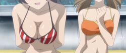  2girls bare_shoulders bikini black_hair breasts brown_hair female head_out_of_frame multiple_girls navel screencap serizawa_miu stitched suzuhara_chihaya swimsuit tona-gura! 