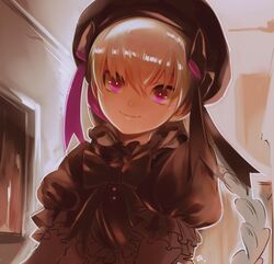  braid dress fate/extra fate_(series) female grey_hair hat long_hair nursery_rhyme_(fate/extra) purple_eyes ribbon smile 