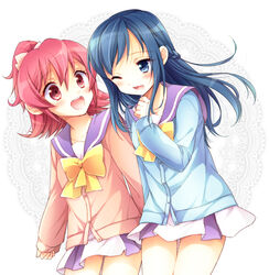  2girls :d aichi_shiho aida_mana bad_id bad_pixiv_id blue_eyes blue_hair blue_sailor_collar blush cardigan dokidoki!_precure half_updo hishikawa_rikka long_hair multiple_girls one_eye_closed oogai_daiichi_middle_school_uniform open_mouth photoshop_(medium) pink_eyes pink_hair precure sailor_collar school_uniform short_hair smile 