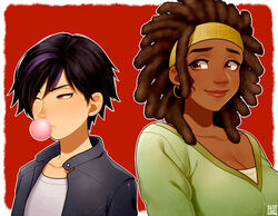  1boy bad_id bad_tumblr_id big_hero_6 black_hair blowing_bubbles breasts brown_eyes brown_hair chewing_gum cleavage dark_skin dreadlocks earrings female genderswap_(ftm) genderswap_(mtf) gogo_tomago hairband hoop_earrings jewelry kiri_futoshi large_breasts lips multicolored_hair nose purple_hair red_eyes rule_63 short_hair smile very_dark_skin wasabi-no-ginger 