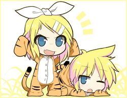  1boy animal_costume animal_print arms_up blonde_hair blue_eyes blush brother_and_sister chibi commentary_request costume female hair_ornament hair_ribbon hairclip kagamine_len kagamine_rin ladfa lying oerba_yun_fang on_stomach one_eye_closed open_mouth ribbon short_hair siblings sleepy smile tail tiger_costume tiger_print tiger_tail twins vocaloid 