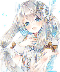  :d blue_eyes blush bow commentary_request cryptract dress female hair_between_eyes hair_ornament hairbow hand_on_own_chest head_wings highres kikka_(kicca_choco) light_brown_hair open_mouth outstretched_arm puffy_short_sleeves puffy_sleeves short_sleeves sidelocks smile solo sphere_(cryptract) white_background white_bow white_dress white_wings wings wrist_cuffs 