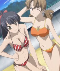  bare_shoulders bikini black_hair blush breasts brown_hair female hair_ribbon long_hair low_twintails multiple_girls navel ponytail ribbon screencap serizawa_miu short_hair smile stitched suzuhara_chihaya swimsuit tona-gura! twintails wink 