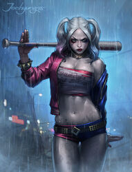  baseball_bat dc_comics dccu female fishnet_pantyhose fishnets harley_quinn jacket jee-hyung_lee looking_at_viewer pale_skin pantyhose rain short_shorts shorts solo studded_belt suicide_squad tattoo twintails 