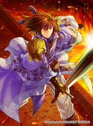  1boy brown_eyes brown_hair commentary_request company_name fingerless_gloves fire_emblem fire_emblem:_mystery_of_the_emblem fire_emblem:_new_mystery_of_the_emblem fire_emblem_cipher gloves headband kita_senri long_hair male_focus official_art samuel_(fire_emblem) solo sword weapon 