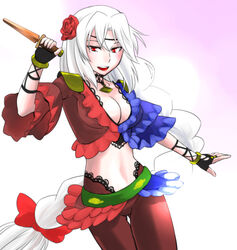  :d adapted_costume alternate_costume bad_id bad_pixiv_id black_gloves blue_dress bow braid breasts cleavage commentary_request cowboy_shot dagger dancer dancer_(final_fantasy) dress female final_fantasy final_fantasy_xi fingerless_gloves flamenco flower frills gloves hair_flower hair_ornament hairbow knife kurirou large_breasts long_hair looking_at_viewer multicolored_clothes multicolored_dress navel open_mouth red_bow red_dress red_eyes single_braid smile solo touhou very_long_hair weapon white_hair yagokoro_eirin 