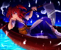  artist_name ayla_kazemi boat breasts cleavage coin commentary dress female hair_bobbles hair_ornament highres hitodama large_breasts looking_away obi onozuka_komachi puffy_sleeves red_eyes red_hair sash scythe short_sleeves sitting smile socks solo touhou two_side_up water watercraft watermark web_address white_socks 