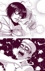  black_hair giant jean_kirchstein mikasa_ackerman monster monster_boy monster_girl muscle no_pupils open_mouth shingeki_no_kyojin short_hair titan_(shingeki_no_kyojin) 