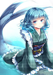  absurdres blue_eyes blue_hair blush commentary_request female fins frilled_kimono frilled_sleeves frills green_kimono head_fins highres japanese_clothes kanzakietc kimono light_smile looking_at_viewer mermaid monster_girl obi plaid_kimono sash short_hair solo touhou unmoving_pattern wakasagihime wavy_hair white_background wide_sleeves 