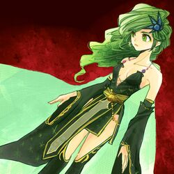  aged_up commentary_request detached_sleeves dutch_angle earrings female final_fantasy final_fantasy_iv green_eyes green_hair hair_ornament jewelry long_hair rydia_(ff4) solo wide_sleeves yadoso 