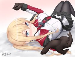  beckoning bed_sheet black_gloves black_pantyhose blonde_hair blue_eyes blush breasts capelet closed_mouth commentary_request cross female gloves graf_zeppelin_(kancolle) hair_between_eyes highres impossible_clothes jacket kamui_aya kantai_collection knees_together_feet_apart knees_up large_breasts long_hair looking_at_viewer lying military military_uniform miniskirt necktie on_back open_mouth outstretched_hand pantyhose pleated_skirt sidelocks signature skirt smile solo tsurime twintails uniform 