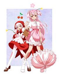  2girls anime_coloring apron bow cherry cherry_blossom_cookie cherry_blossoms cherry_bomb cherry_cookie commentary_request cookie_run food food-themed_bag fruit humanization long_hair multiple_girls name_connection pantyhose parasol pink_eyes pink_hair pink_skirt red_hood sammu siblings sisters skirt smile twintails two_side_up umbrella white_hair white_legwear white_pantyhose 