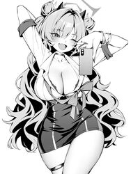  arm_behind_head bar_(place) blue_archive breasts cellphone choker cleavage collared_shirt cowboy_shot double_bun fake_horns female fingernails greyscale hair_bun halo highres holding holding_phone horns hoyhoy_colo jewelry kirara_(blue_archive) large_breasts long_fingernails long_hair monochrome nail_polish necklace oerba_yun_fang one_eye_closed open_mouth phone shirt short_sleeves simple_background skin_fang skirt smartphone smile solo thigh_strap thighs white_background 