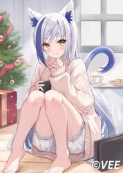  animal_ear_fluff animal_ears aomiya_yozuri bare_legs barefoot bloomers blue_hair cat_ears cat_girl cat_tail christmas_ornaments christmas_present christmas_tree cup female food gift gradient_hair long_hair long_sleeves looking_at_viewer mug multicolored_hair on_floor pink_sweater plate sitting sleeves_past_wrists smile streaked_hair sweater tail tihayasan-ktkr turtleneck turtleneck_sweater two-tone_hair vee_(vtuber) virtual_youtuber white_bloomers white_hair yellow_eyes 