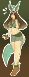  2024 absurd_res ambiguous_gender anthro bottomwear brown_hair bulge cape clothing eeveelution femboy freckled_face freckles fur generation_4_pokemon gradient_arms gradient_background gradient_eyes gradient_fur gradient_hair gradient_tail green_body green_fur hair headgear headwear hi_res leafeon leg_tuft long_hair male neck_tuft neptunebunny nintendo pokemon pokemon_(species) shaded shorts signature simple_background solo tail tuft yellow_body 