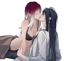  2girls black_bra black_hair bra breasts cleavage closed_eyes collared_shirt commentary_request earrings gradient_hair hand_on_another&#039;s_arm highres jewelry kissing long_hair medium_breasts miix777 multicolored_hair multiple_girls path_to_nowhere purple_hair rahu_(path_to_nowhere) reclining scar scar_across_eye shalom_(path_to_nowhere) shirt simple_background underwear white_background white_hair white_shirt yuri 