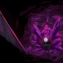  1:1 2024 absurd_res arthropod cave crystal digital_media_(artwork) female glowing hi_res hollow_knight infected_(species) looking_at_another melee_weapon miner myla_(hollow_knight) nail_(weapon) orange_eyes pickaxe sharpski solo standing stare sword team_cherry weapon 