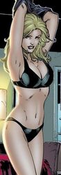  black_bra black_canary black_panties blonde_hair breasts chris_sotomayor cleavage dc dinah_lance female female_only green_arrow_(series) human justice_league long_hair navel romano_molenaar shirt_lift solo undressing 