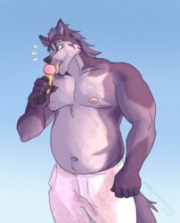  amarox amarox_(character) anthro belly bottomwear canid canine canis clothing dessert digital_drawing_(artwork) digital_media_(artwork) food hair hi_res ice_cream licking looking_at_viewer male mammal musclegut muscular navel nipples overweight pants solo standing tongue wolf 