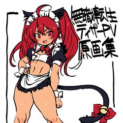  absurdres ahoge animal_ears apron bell blush bow cat_ears cat_tail commentary_request crop_top eris_greyrat female flat_chest fujii_shingo highres long_hair looking_at_viewer maid_headdress miniskirt mushoku_tensei navel open_mouth red_eyes red_hair skirt smile solo tail tail_bell tail_bow tail_ornament toned toned_female twintails white_apron wrist_cuffs 