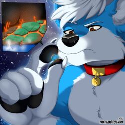  1:1 2022 absurd_res anthro blue_body blue_fur blueford_(rcode) canid canine canis cosmic_background destruction digital_drawing_(artwork) digital_media_(artwork) earth extreme_size_difference first_person_view fur galaxy giga hi_res interplanetary_macro lava macro macro_anthro male mammal planet size_difference solo terra_macro thaismotosuwa universe wolf 