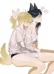  0820_lakia 2girls absurdres animal_ears bare_legs black_hair black_panties blonde_hair blush bow cat_ears closed_eyes dog_ears dog_girl dog_tail extra_ears hairbow highres hug hug_from_behind kissing kissing_neck korean_text long_hair long_sleeves multiple_girls off_shoulder original panties parted_lips ponytail shirt simple_background sitting speech_bubble tail translation_request twitching underwear white_background white_bow white_shirt yuri 