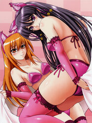  2girls absurdres animal_ear_hairband animal_ears ass back beatmania_iidx bikini breasts cleavage fake_animal_ears goli_matsumoto hair_between_eyes hairband highres large_breasts long_hair multiple_girls official_art orange_eyes orange_hair pink_bikini pink_thighhighs purple_eyes purple_hair scan side-tie_bikini_bottom sidelocks smile swimsuit thighhighs thighs umegiri_hifumi umegiri_iroha 