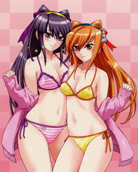  2girls absurdres bare_shoulders beatmania_iidx bikini breasts goli_matsumoto hair_between_eyes hair_bun hairband highres large_breasts long_hair medium_breasts multiple_girls navel official_art orange_bikini orange_eyes orange_hair purple_bikini purple_eyes purple_hair scan side-tie_bikini_bottom sidelocks smile swimsuit thighs umegiri_hifumi umegiri_iroha yellow_nails 