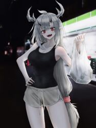  absurdres ahoge alcohol arknights bag bare_shoulders beer black_tank_top breasts cleavage convenience_store dark demon_horns fangs female grey_hair hair_ornament hair_scrunchie happy highres horns looking_at_viewer matoimaru_(arknights) medium_breasts mildt mixed_horns night oni pale_skin scrunchie see-through shop shopping_bag shorts solo tank_top tomboy 