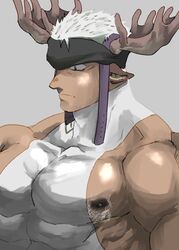  1boy animal_ears antlers bara black_headband dark-skinned_male dark_skin deer_antlers deer_boy deer_ears expressionless fugur6_fugur9 headband highres horns large_pectorals looking_ahead male_focus mature_male muscular muscular_male nipple_hair nipples original pectorals quads shirt short_hair sidepec sleeveless sleeveless_shirt solo textless_version thick_eyebrows upper_body white_hair 