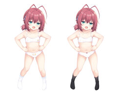  :d absurdres antenna_hair bare_arms bare_shoulders black_socks bow bow_panties bra bra-ban! breasts collarbone commentary_request ebihara_minase female full_body green_eyes hair_ornament hairclip hands_on_own_hips highres long_hair looking_at_viewer low_twintails navel no_shoes oerba_yun_fang panties red_hair sakuraba_hikaru_(loveindog) simple_background small_breasts smile socks standing twintails underwear underwear_only v-shaped_eyebrows variations white_background white_bra white_panties white_socks 