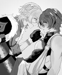  2boys aventurine_(honkai:_star_rail) bracelet chain_pull chains cleavage_cutout clothing_cutout crying dr._ratio_(honkai:_star_rail) drooling forehead-to-forehead gloves greyscale heads_together highres honkai:_star_rail honkai_(series) jewelry leg_grab male_focus monochrome multiple_boys short_hair tamani_kaku tears yaoi 