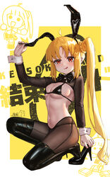  absurdres ahoge animal_ears bikini black_bikini black_bow black_thighhighs blonde_hair bocchi_the_rock! bow braid breasts detached_ahoge fake_animal_ears female high_heels highres ijichi_nijika looking_at_viewer meme_attire navel orange_eyes playboy_bunny rabbit_ears reverse_bunnysuit reverse_outfit side_ponytail sklt_(swyt8223) small_breasts solo swimsuit thighhighs tongue tongue_out wrist_cuffs 