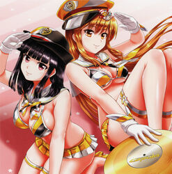  2girls absurdres arm_up beatmania_iidx bikini black_hair blunt_bangs breasts gloves goli_matsumoto hair_between_eyes hat highres hinazuki_ririna holding_record large_breasts long_hair medium_hair multicolored_bikini multicolored_clothes multiple_girls official_art orange_eyes orange_hair red_eyes scan sidelocks smile swimsuit thighs umegiri_iroha very_long_hair white_gloves 