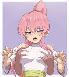  absurdres bare_shoulders blush clam_curry detached_sleeves female grabbing grabbing_another&#039;s_breast grabbing_from_behind hair_between_eyes high_ponytail highres long_hair open_mouth pink_hair priestess_(tales_of_destiny) purple_eyes sweatdrop tales_of_(series) tales_of_destiny 