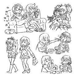  &gt;_&lt; 6+girls :t akemi_homura animal_print bag boots bow bowl bubble_tea chopsticks commentary couch couple croix_meridies crossed_legs crossover cup eating english_commentary feeding food fruit goggles greyscale hair_ornament hairbow hairclip holding holding_chopsticks holding_cup holding_tablet_pc kaname_madoka kill_la_kill knee_boots lemon line_art little_witch_academia long_hair long_sleeves mahou_shoujo_madoka_magica mahou_shoujo_madoka_magica_(anime) mankanshoku_mako matoi_ryuuko miki_sayaka mitakihara_school_uniform monochrome multiple_crossover multiple_girls nissin_cup_noodle noodles on_couch pants pleated_skirt puckered_lips rabbit_print ramen rice rice_bowl sailor_collar sakura_kyoko school_uniform shopping_bag short_hair short_sleeves sitting skirt standing steam table tablet_pc taiyaki truffleduster twintails ursula_charistes wagashi yuri 