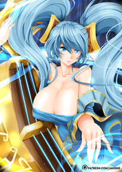  blue_eyes blue_hair breasts cleavage dress female janong large_breasts league_of_legends solo sona_buvelle tied_hair twintails 