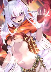  absurdres animal_ears breasts female fingerless_gloves fur-trimmed_gloves fur_trim gloves highres kureha_(666)_(sound_voltex) kureha_(sound_voltex) long_hair looking_at_viewer medium_breasts midriff navel purple_eyes solo sound_voltex t.k.c underboob white_hair wolf_ears 