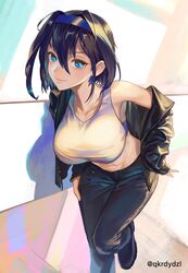  absurdres armpits blue_eyes blue_hair breasts casual crop_top earrings female hairband highres hololive hololive_english jacket jacket_partially_removed jewelry large_breasts leaning_forward looking_at_viewer ouro_kronii pants santafe99 shirt short_hair sleeveless sleeveless_shirt smile solo twitter_username virtual_youtuber 